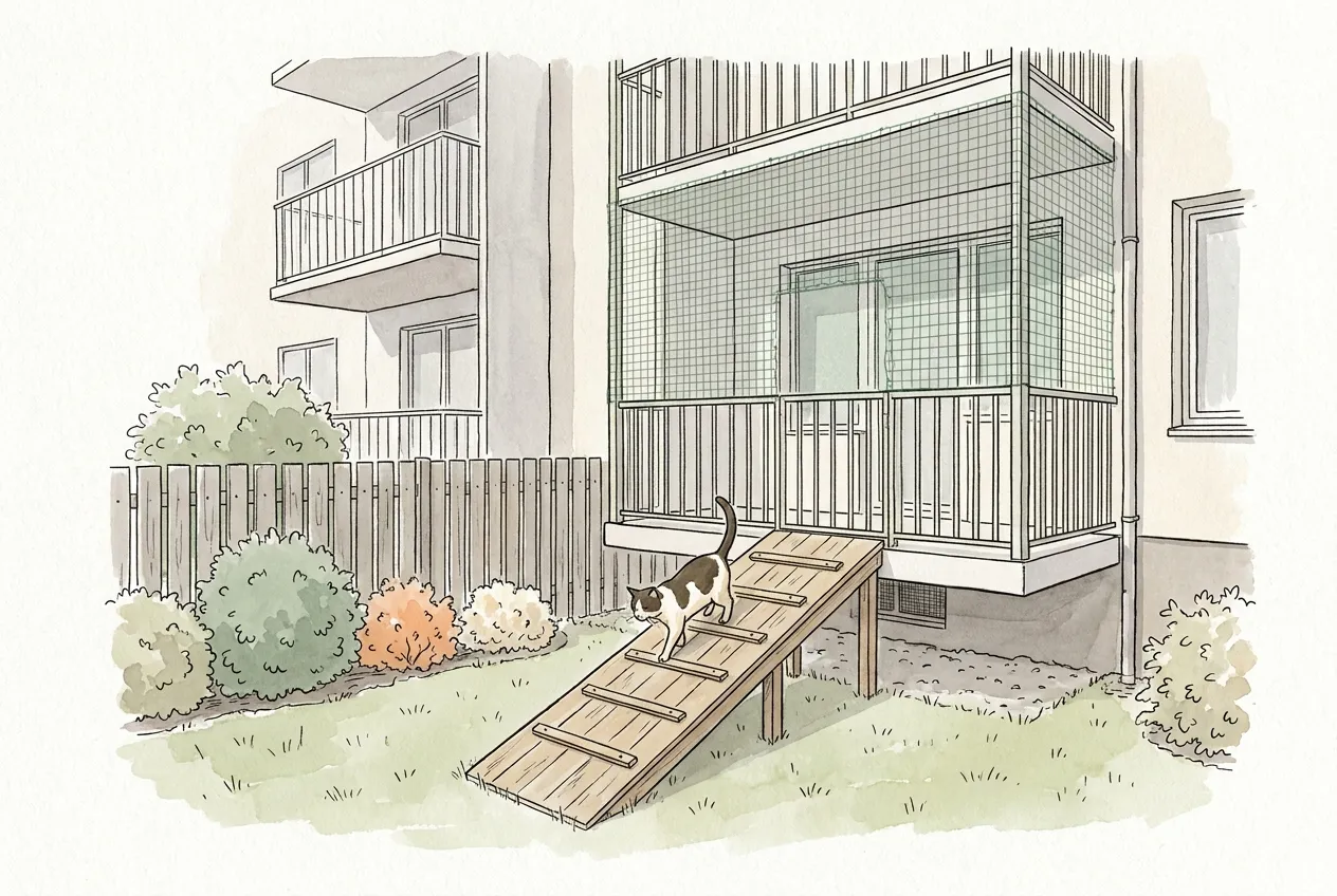 Ilustracja tuszem i akwarelą: biało-czarny kot schodzi po drewnianej rampie z poprzeczkami z balkonu na parterze do ogrodzonego ogrodu, a balkon nad nim jest osłonięty siatką.
