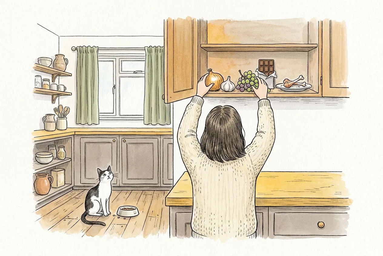 Ilustracja tuszem i akwarelą: kobieta widziana od tyłu odkłada na wysoką półkę szafki cebulę, czosnek, winogrona, tabliczkę czekolady i talerzyk z kośćmi z kurczaka, a biało-czarny kot siedzi daleko w dole przy swojej misce i patrzy w górę.