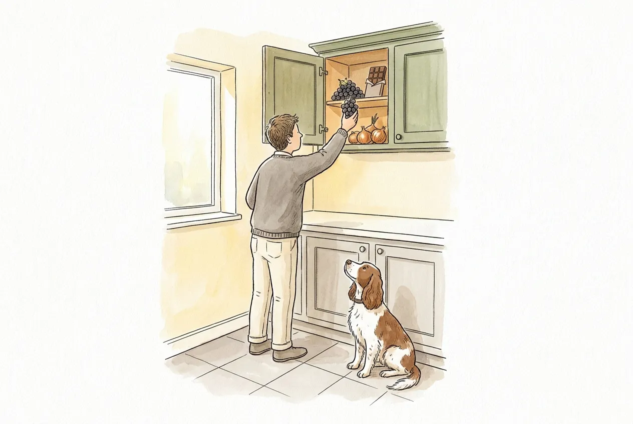 Ilustracja tuszem i akwarelą: mężczyzna odkłada winogrona, czekoladę i cebulę do wysokiej szafki kuchennej, a brązowo-biały spaniel siedzi na podłodze i patrzy w górę.