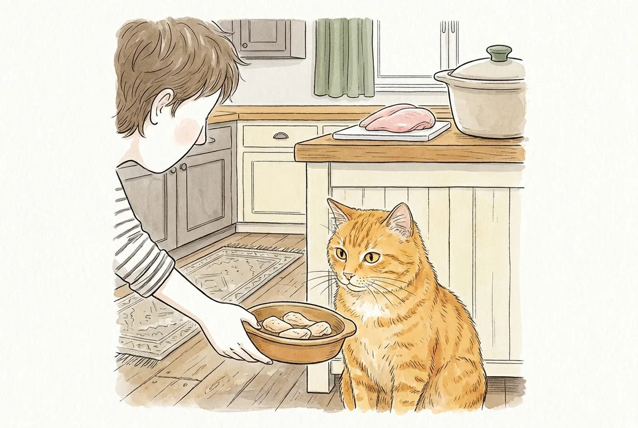 Ilustracja tuszem i akwarelą: rudy pręgowany kot dostaje miseczkę kawałków gotowanego kurczaka, podawaną z boku przez młodą osobę. Surowa pierś z kurczaka leży wysoko na blacie, poza zasięgiem kota, obok garnka z pokrywką.