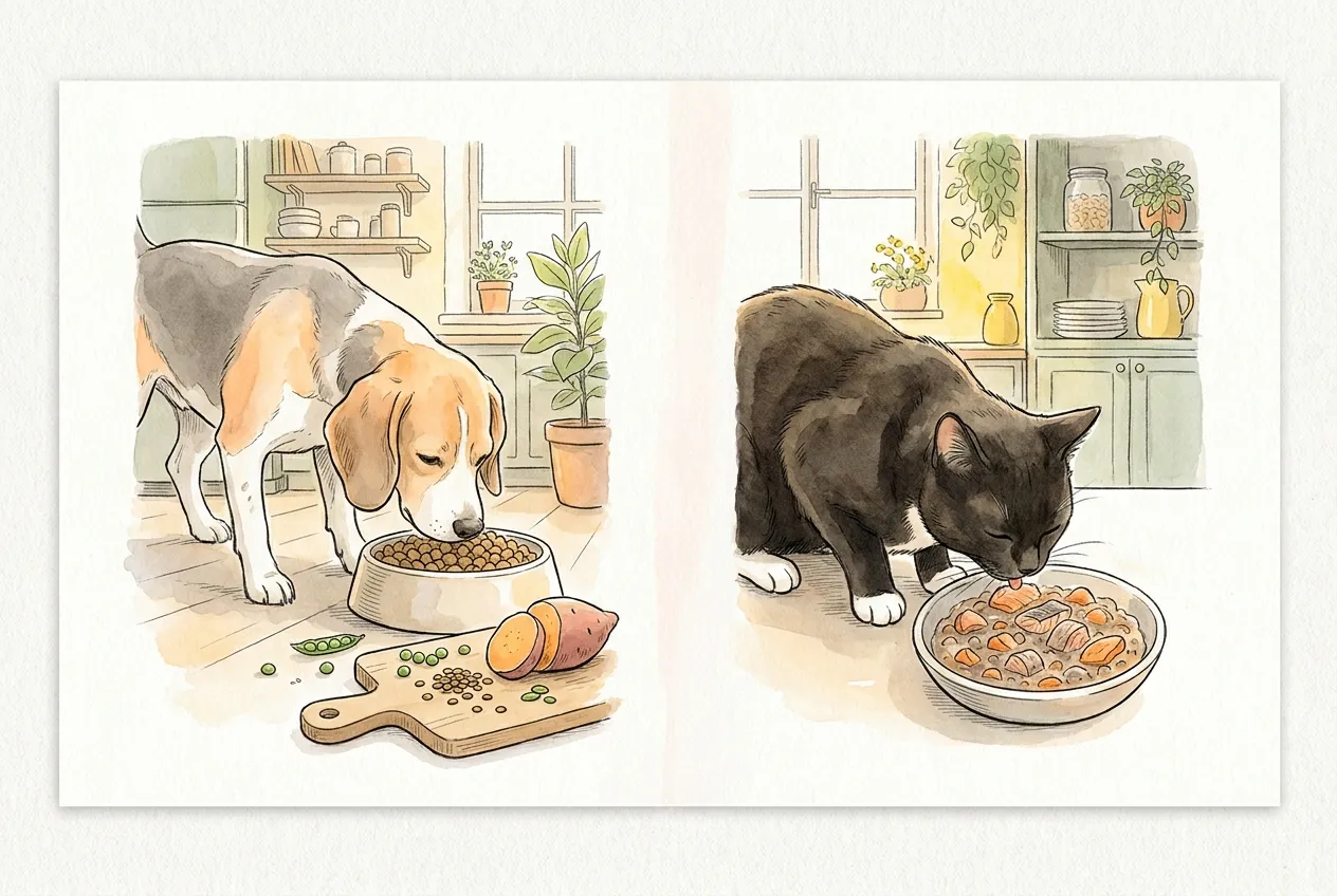 Ilustracja tuszem i akwarelą w dwóch kadrach: po lewej beagle je suchą karmę z miski, obok deska z groszkiem, soczewicą i batatem; po prawej czarny kot z białymi łapkami je mokrą karmę z kawałkami mięsa i ryby.