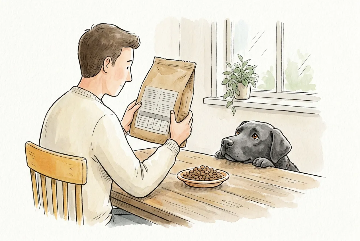 Ilustracja tuszem i akwarelą: mężczyzna przy kuchennym stole czyta tył pustego papierowego worka z suchą karmą, a przed nim stoi miseczka granulek. Czarny labrador opiera pysk o krawędź stołu i patrzy na niego.