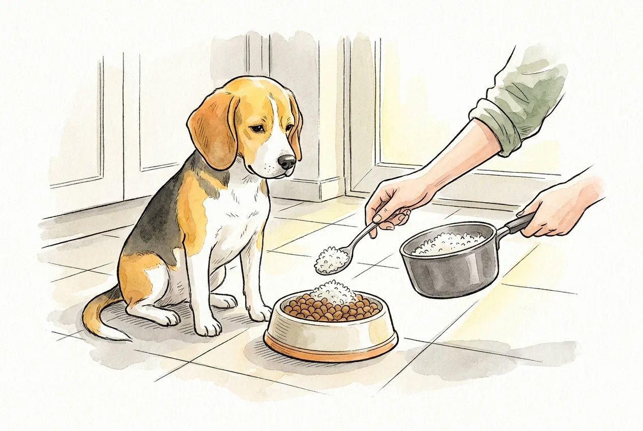 Ilustracja tuszem i akwarelą: beagle siedzi przy misce z suchą karmą, a dłoń dokłada łyżkę ugotowanego białego ryżu z małego rondelka.