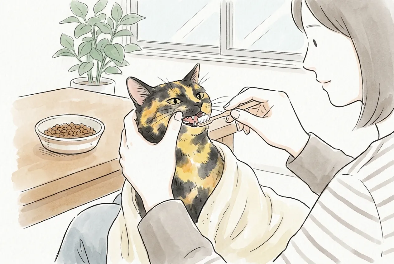Ilustracja tuszem i akwarelą: szylkretowa kotka owinięta kocem siedzi na kolanach opiekunki, która myje jej zęby małą szczoteczką; na stole obok stoi miska suchej karmy.