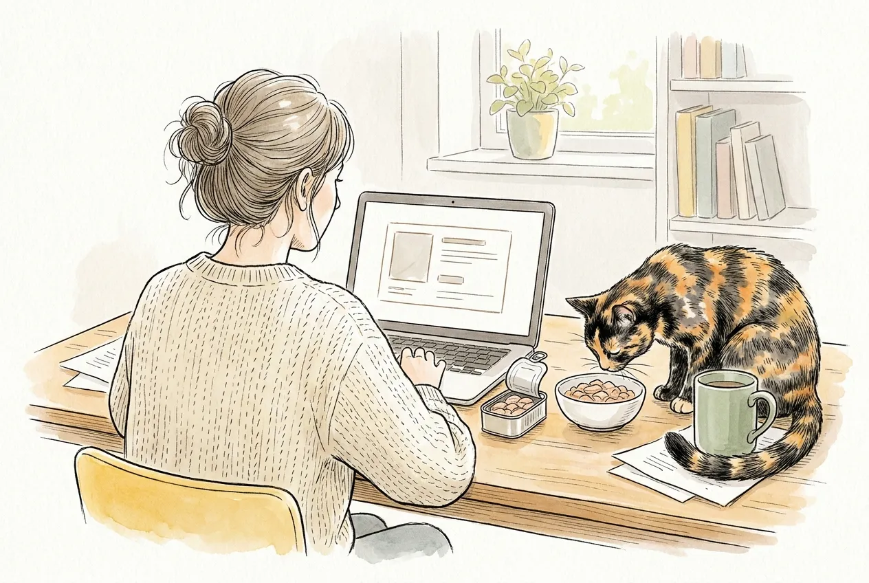 Ilustracja tuszem i akwarelą: kobieta, widziana od tyłu, porównuje kartę produktu na ekranie laptopa z otwartą puszką karmy. Szylkretowa kotka siedzi na biurku i wącha miseczkę z kawałkami mięsa.