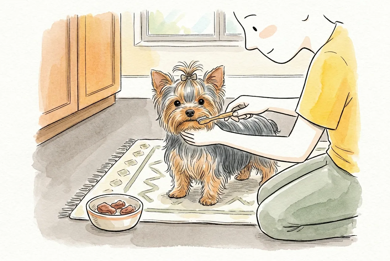 Ilustracja tuszem i akwarelą: osoba klęcząca na macie myje zęby yorkshire terierowi z kokardką na czubku głowy, a obok na podłodze stoi miseczka z kawałkami ugotowanego mięsa.