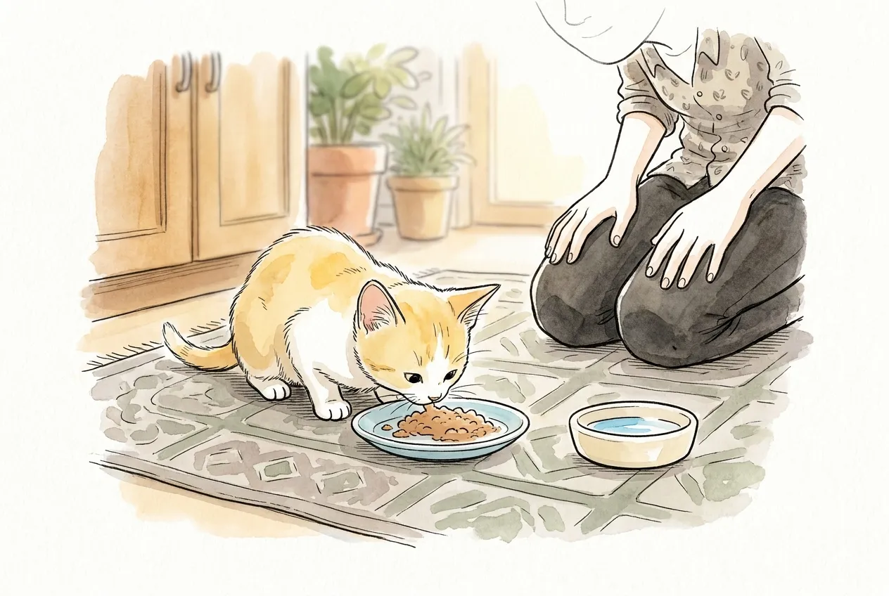 Ilustracja tuszem i akwarelą: kremowo-białe kocię je miękką karmę z płytkiego niebieskiego talerzyka na dywaniku, obok stoi miseczka wody, a opiekun klęczy spokojnie z boku.