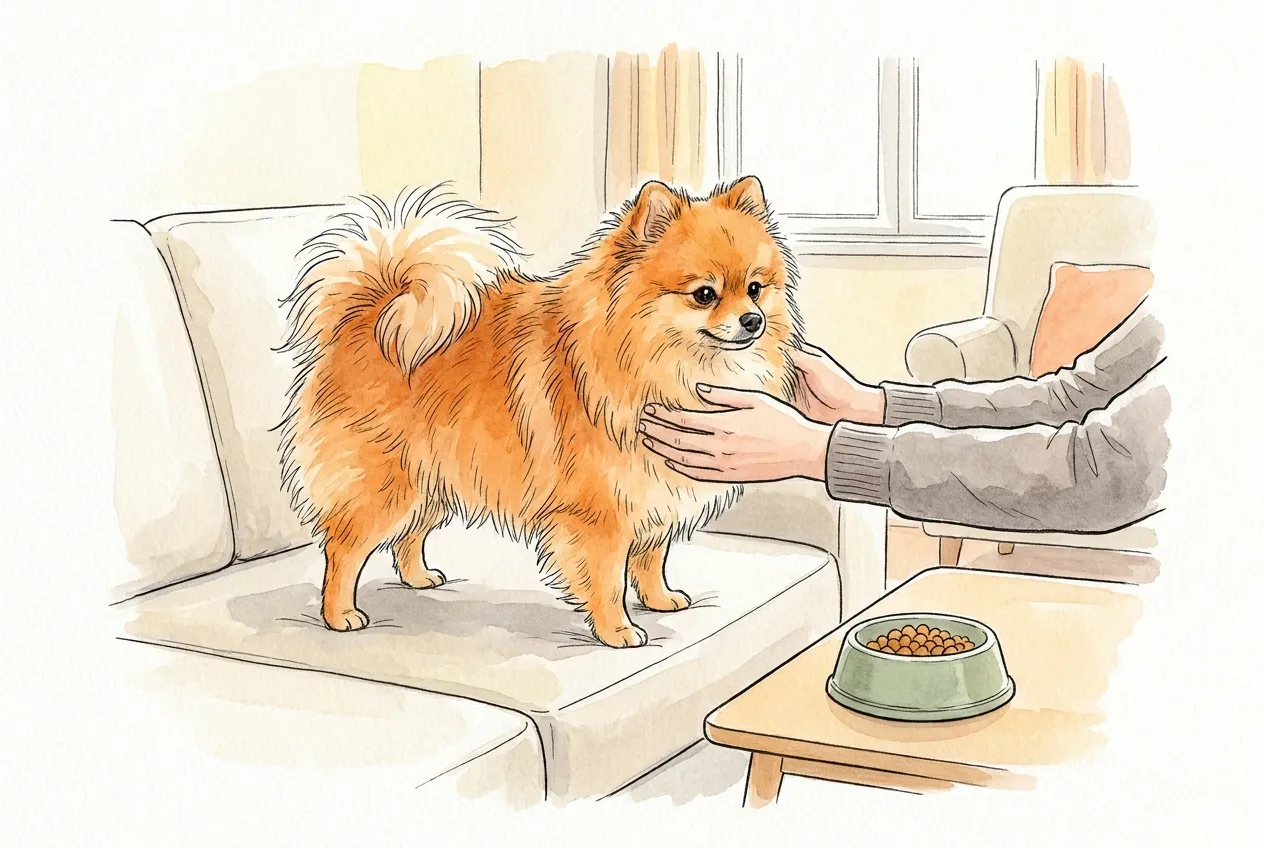 Ilustracja tuszem i akwarelą: rudy pomeranian z ogonem zawiniętym na grzbiet stoi na kanapie, a dłonie opiekuna obmacują jego klatkę piersiową pod gęstą sierścią; na stoliku obok miska z niewielką porcją karmy.