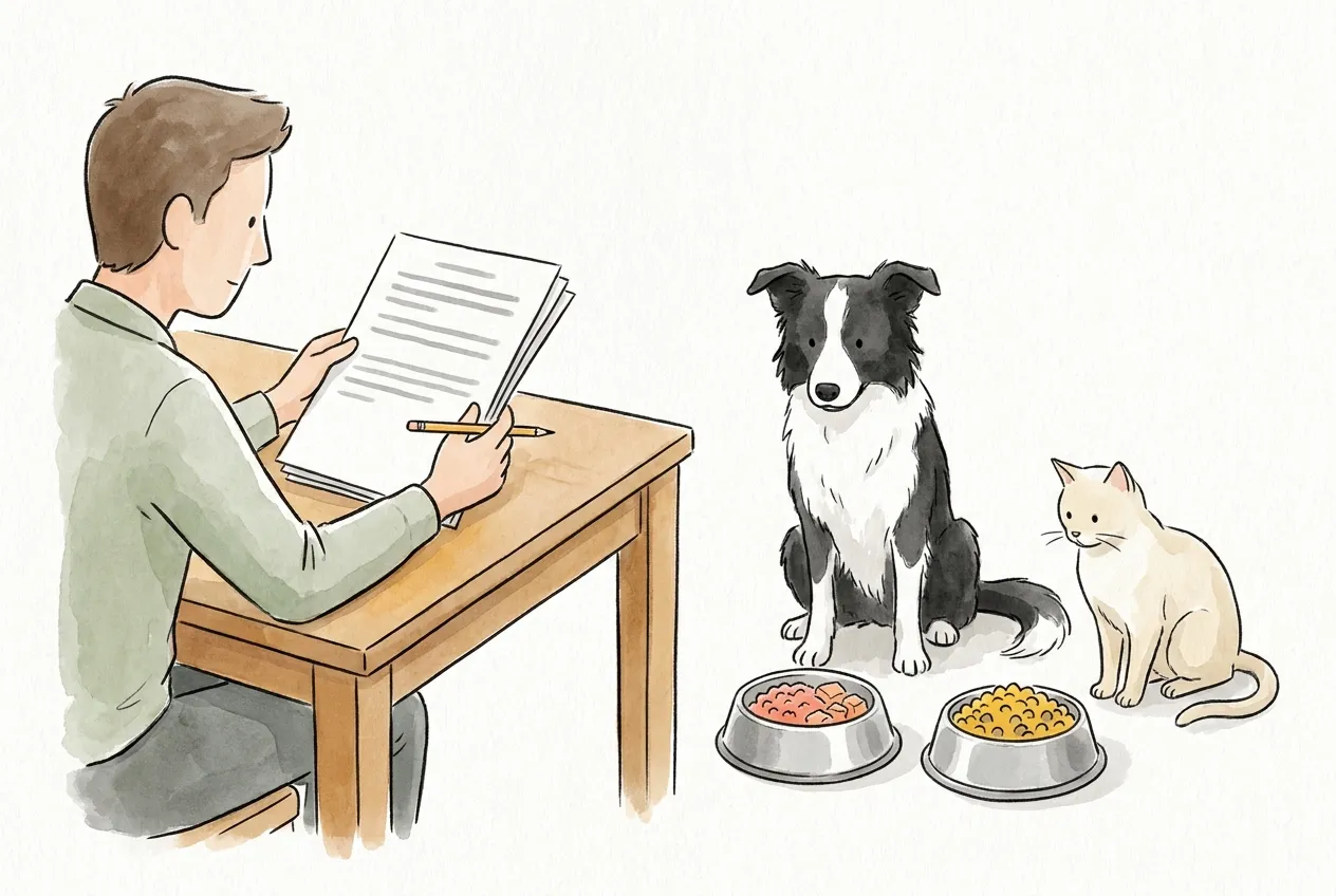 Ilustracja tuszem i akwarelą: mężczyzna przy stole czyta plik wydruków z ołówkiem w ręku. Przed nim czarno-biały pies w typie border collie i kremowy kot siedzą przy dwóch metalowych miskach — jednej z surowym mięsem, drugiej z suchą karmą.