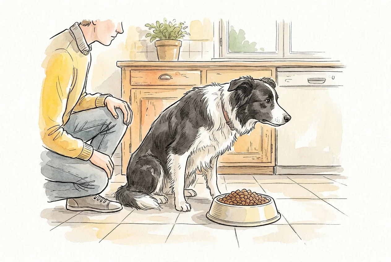 Ilustracja tuszem i akwarelą: czarno-biały border collie siedzi w kuchni obok pełnej miski suchej karmy i patrzy w bok, a opiekun kuca przy nim i go obserwuje.