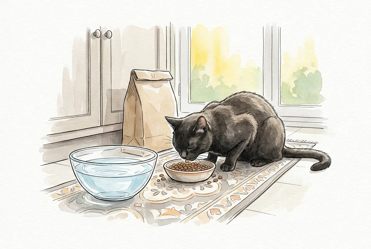 Ilustracja tuszem i akwarelą: czarny kot chrupie suchą karmę z małej miseczki na dywaniku, tuż obok stoi duża szklana miska świeżej wody, a w tle przy szafce zwinięta papierowa torba bez nadruku.