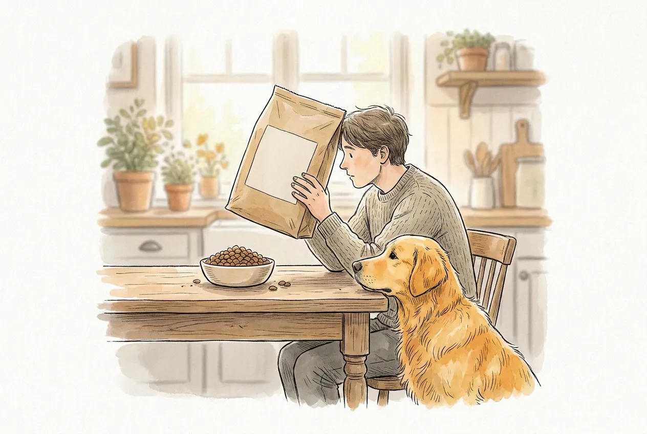 Ilustracja tuszem i akwarelą: mężczyzna przy kuchennym stole uważnie czyta tył papierowego worka z karmą, a golden retriever siedzi obok i patrzy na miskę z chrupkami.