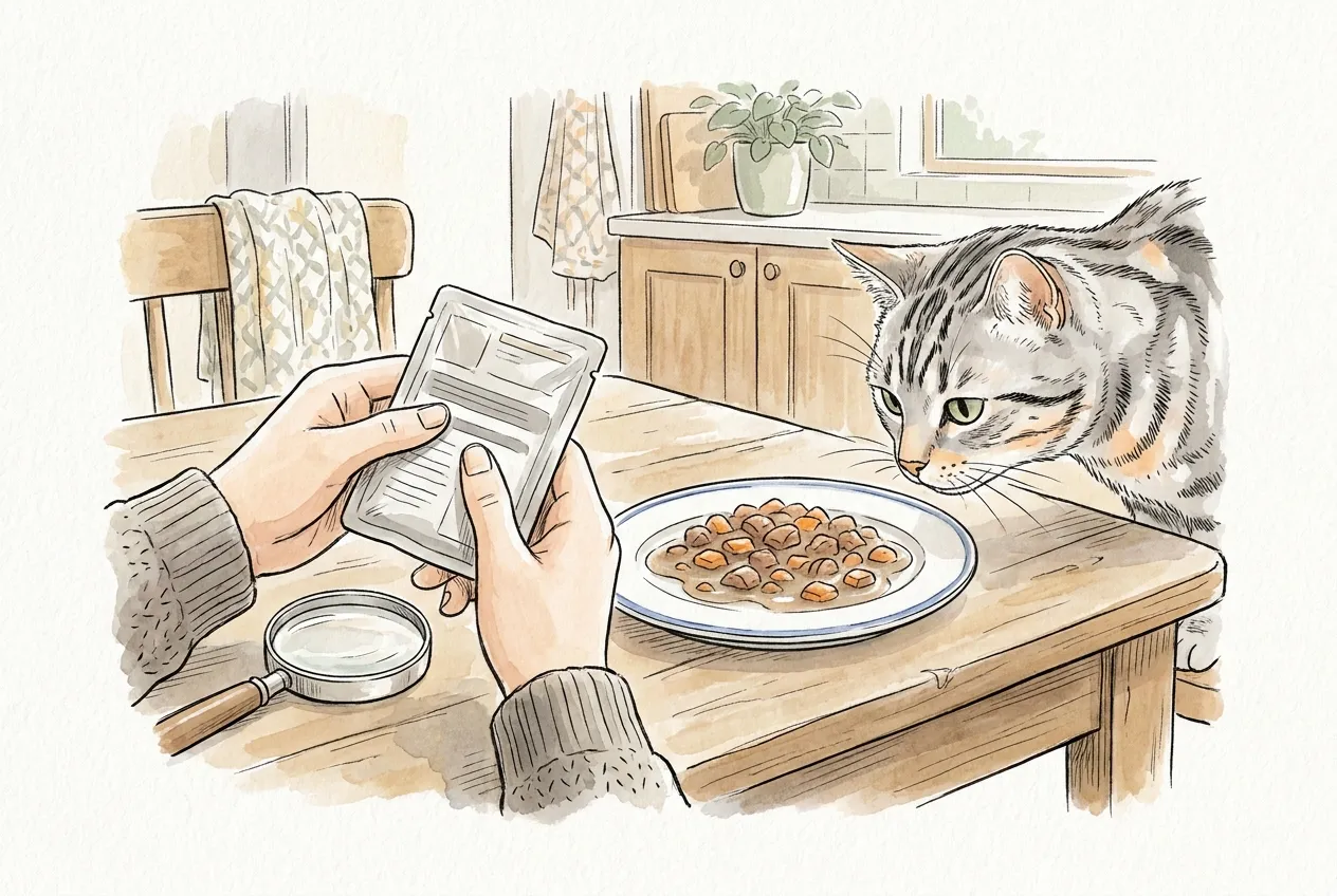 Ilustracja tuszem i akwarelą: dłonie trzymają foliową saszetkę karmy i czytają jej tył, obok leży lupa, a na talerzu kawałki karmy w sosie. Srebrny pręgowany kot pochyla się nad talerzem z zaciekawieniem.
