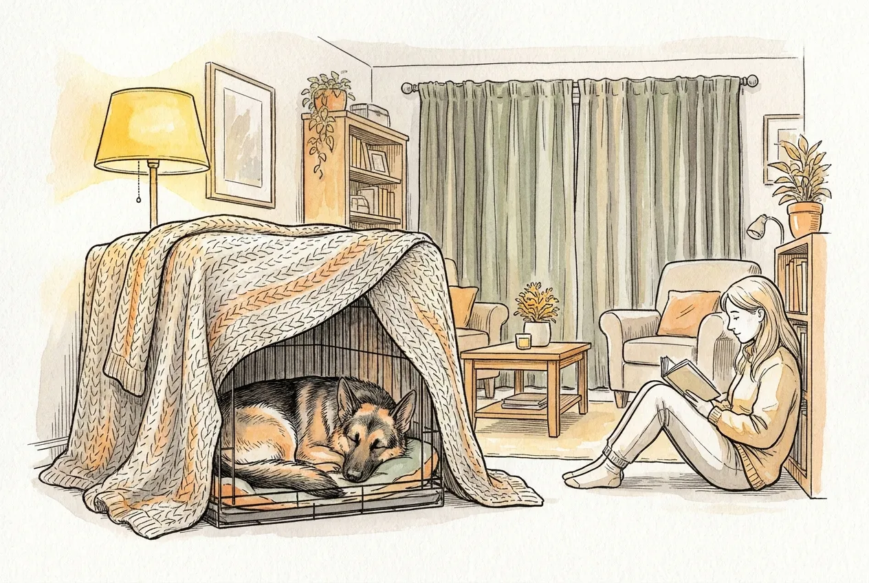 Ilustracja tuszem i akwarelą: owczarek niemiecki śpi w klatce przykrytej grubym dzianinowym kocem w kącie salonu z zasłoniętymi oknami, a opiekunka siedzi obok na podłodze i czyta książkę.