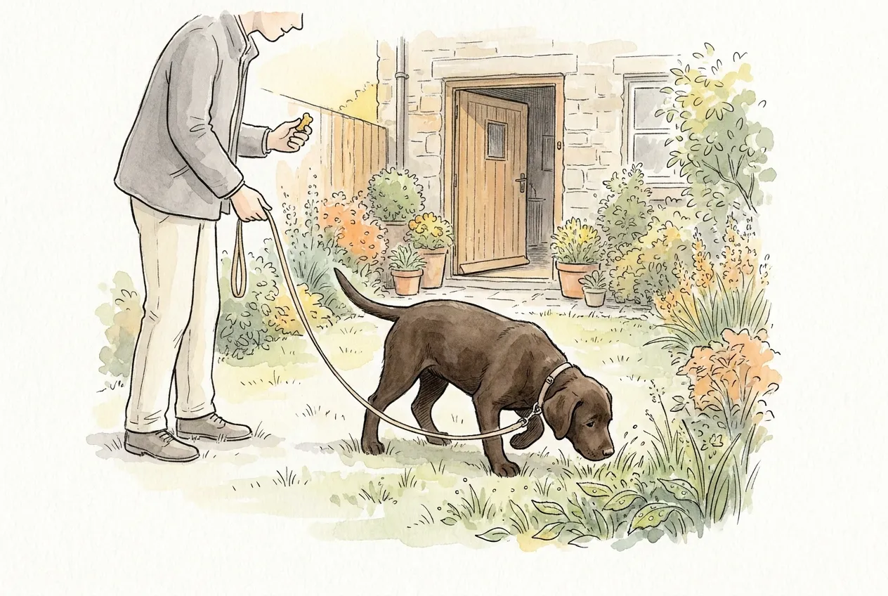 Ilustracja tuszem i akwarelą: czekoladowy szczeniak labradora na smyczy obwąchuje trawę w ogródku za domem, a opiekun stoi obok z przysmakiem w dłoni; w tle otwarte drzwi domu.