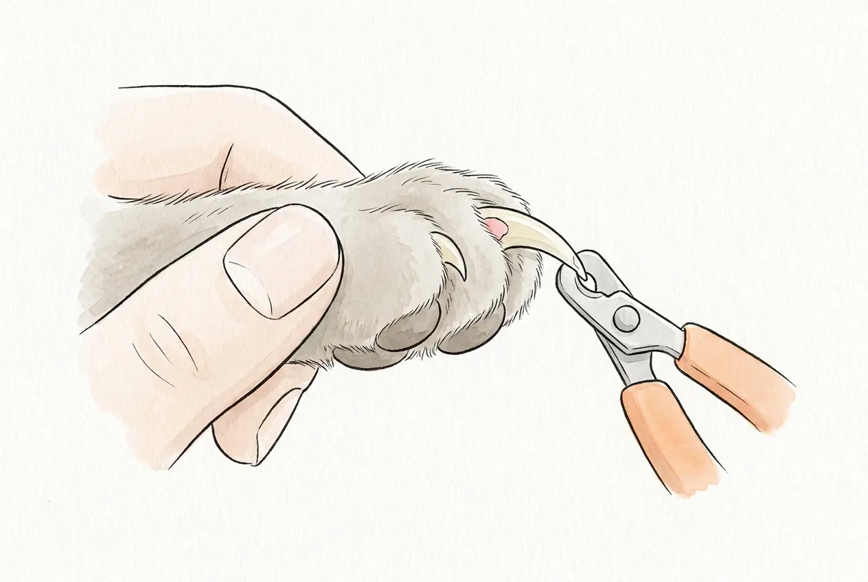 Ilustracja tuszem i akwarelą: dłoń przytrzymuje szarą kocią łapę z wysuniętym pazurem, a cążki do pazurów obejmują sam przezroczysty czubek, daleko od różowego rdzenia przy nasadzie.