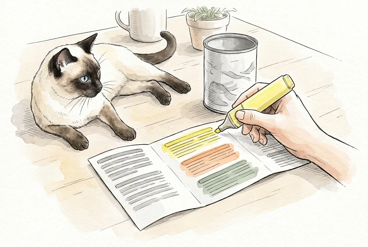 Ilustracja tuszem i akwarelą: dłoń z zakreślaczem zaznacza po kolei na żółto, pomarańczowo i zielono części etykiety zdjętej z puszki i rozłożonej na stole. Obok pustej puszki leży kot syjamski i śledzi wzrokiem pisak.
