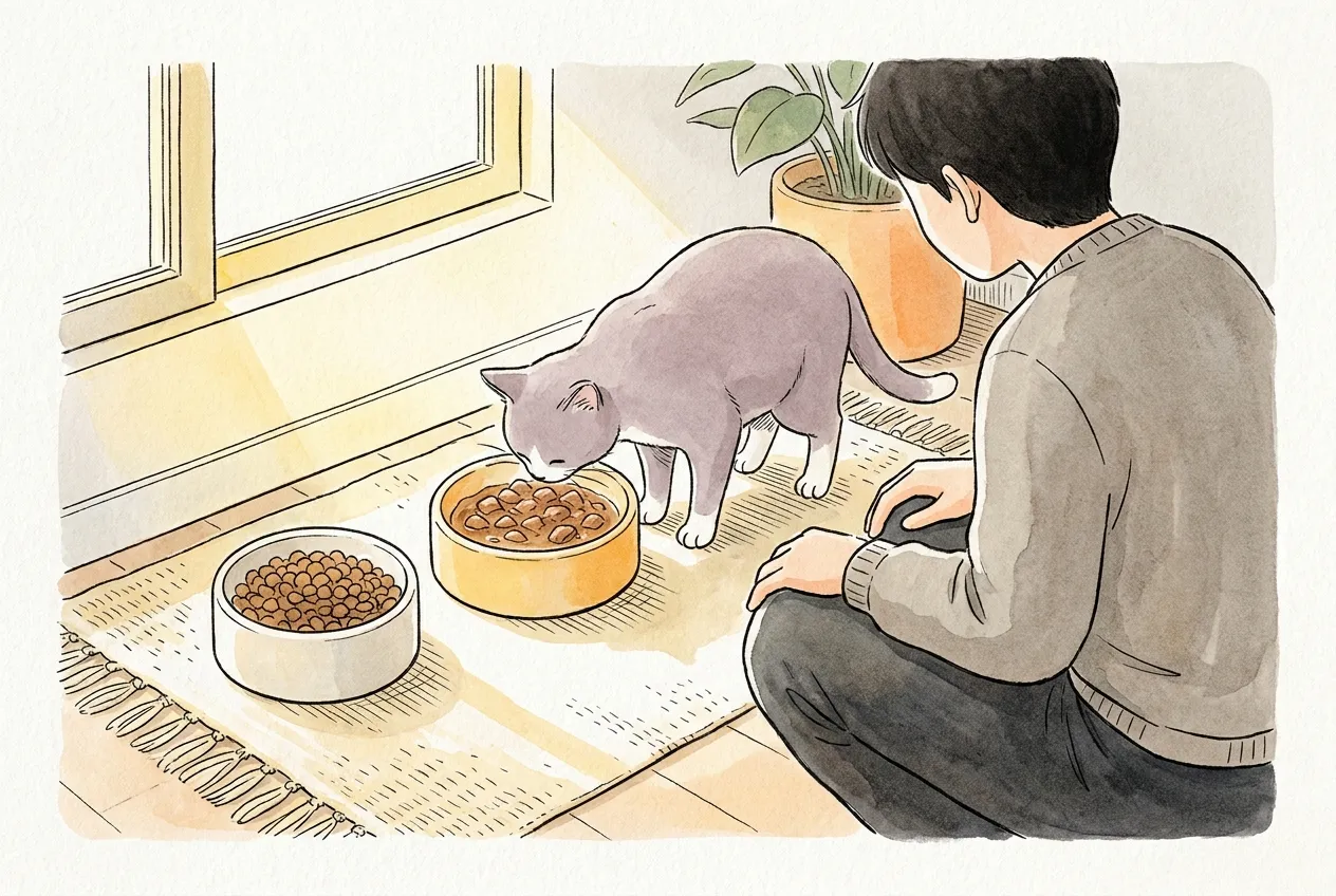 Ilustracja tuszem i akwarelą: na macie stoją obok siebie dwie miski, z suchą i z mokrą karmą, liliowoszary kot z białymi łapkami je z miski z mokrą karmą, a mężczyzna przykucnięty z boku cierpliwie się przygląda.