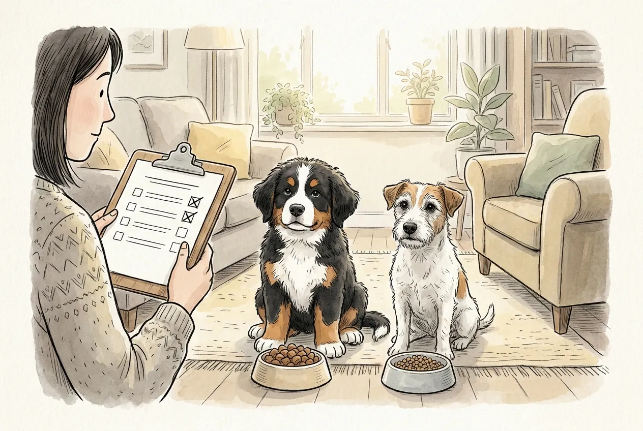 Ilustracja tuszem i akwarelą: szczenię berneńskiego psa pasterskiego i mały terier Jack Russell siedzą w salonie, każde przy własnej misce — szczenię z większymi granulkami, terier z mniejszymi. Kobieta z boku odhacza listę kontrolną na podkładce.