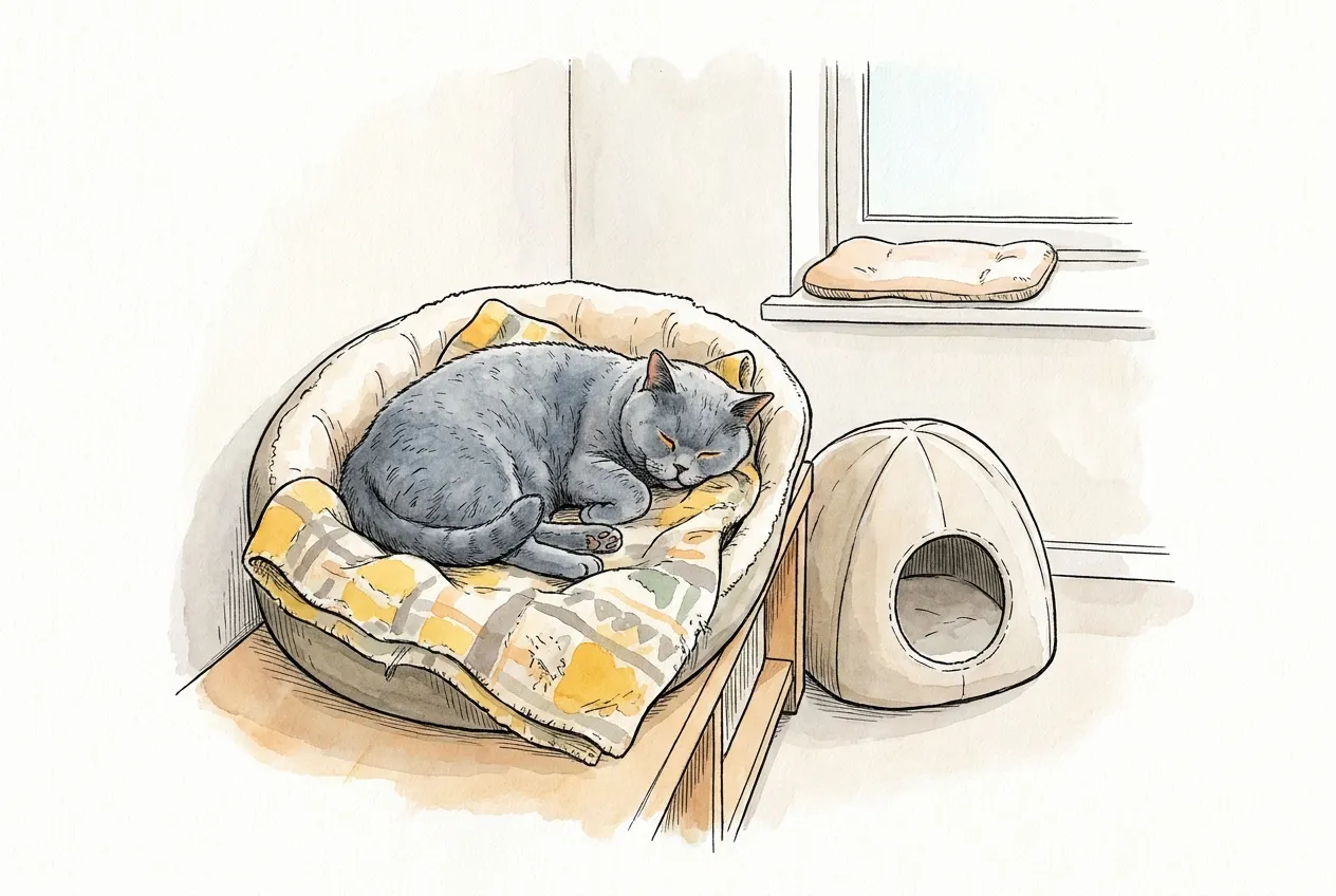 Ilustracja tuszem i akwarelą: niebieski kot brytyjski krótkowłosy śpi zwinięty w okrągłym legowisku z wysokim brzegiem i kraciastym kocykiem na niskiej półce; obok stoi kryte legowisko-budka, a na parapecie leży poduszka.