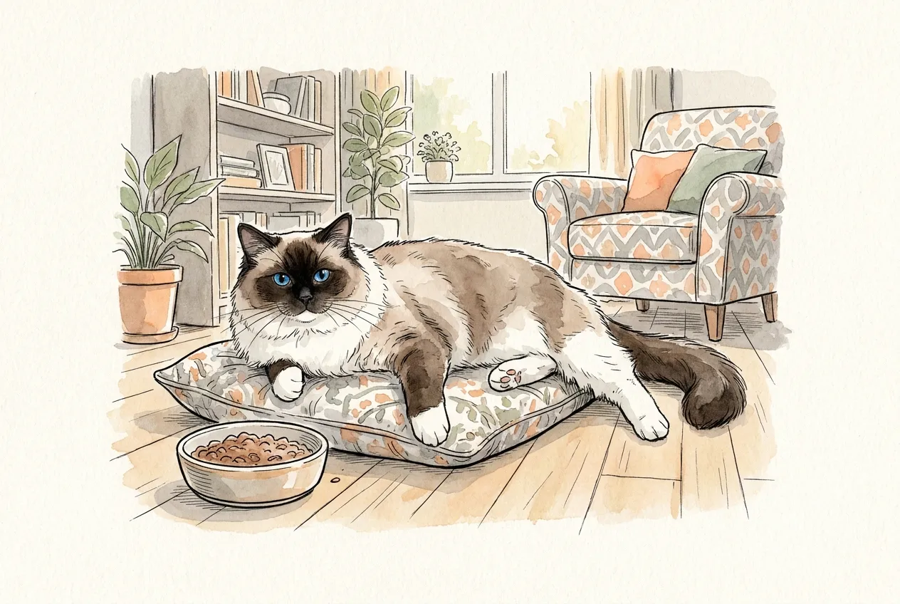Ilustracja tuszem i akwarelą: duży półdługowłosy ragdoll o kremowym ciele, ciemnobrązowej masce i ogonie, białych łapkach i niebieskich oczach leży rozluźniony na poduszce obok miski z karmą.