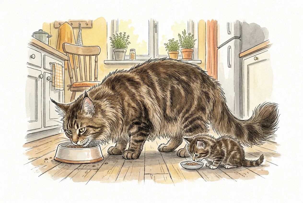 Ilustracja tuszem i akwarelą: ogromny brązowy pręgowany maine coon z bujną kryzą i puszystym ogonem je z miski na podłodze kuchni, a obok niego małe pręgowane kocię je z własnej miseczki, co pokazuje różnicę wielkości.