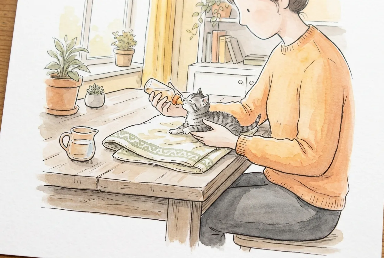 Ilustracja tuszem i akwarelą: kobieta przy stole karmi butelką ze smoczkiem maleńkie szare pręgowane kocię, które leży na brzuszku na złożonym ręczniku, a obok stoi dzbanek z ciepłą wodą.