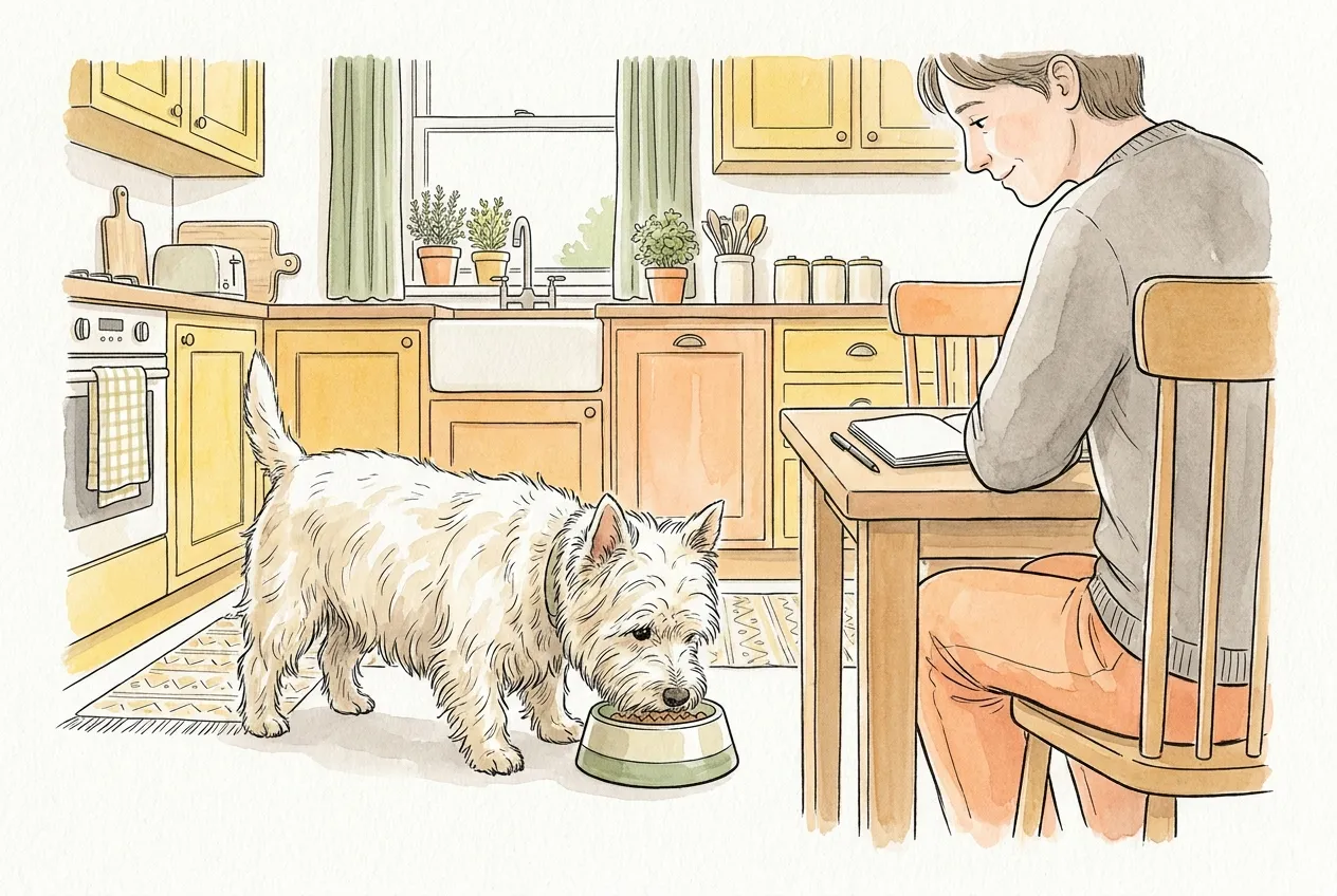 Ilustracja tuszem i akwarelą: biały west highland white terier je z jednej miski na podłodze kuchni, a opiekun siedzi przy stole obok zamkniętego notesu z długopisem i patrzy na psa.