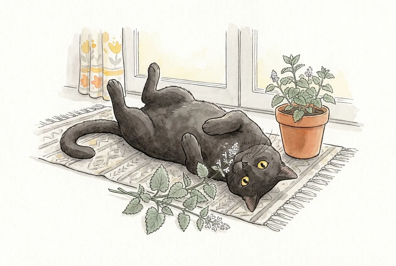 Ilustracja tuszem i akwarelą: czarny kot o żółtych oczach tarza się na plecach na dywaniku obok ściętych gałązek kocimiętki o ząbkowanych liściach, a przy oknie stoi kocimiętka w doniczce.