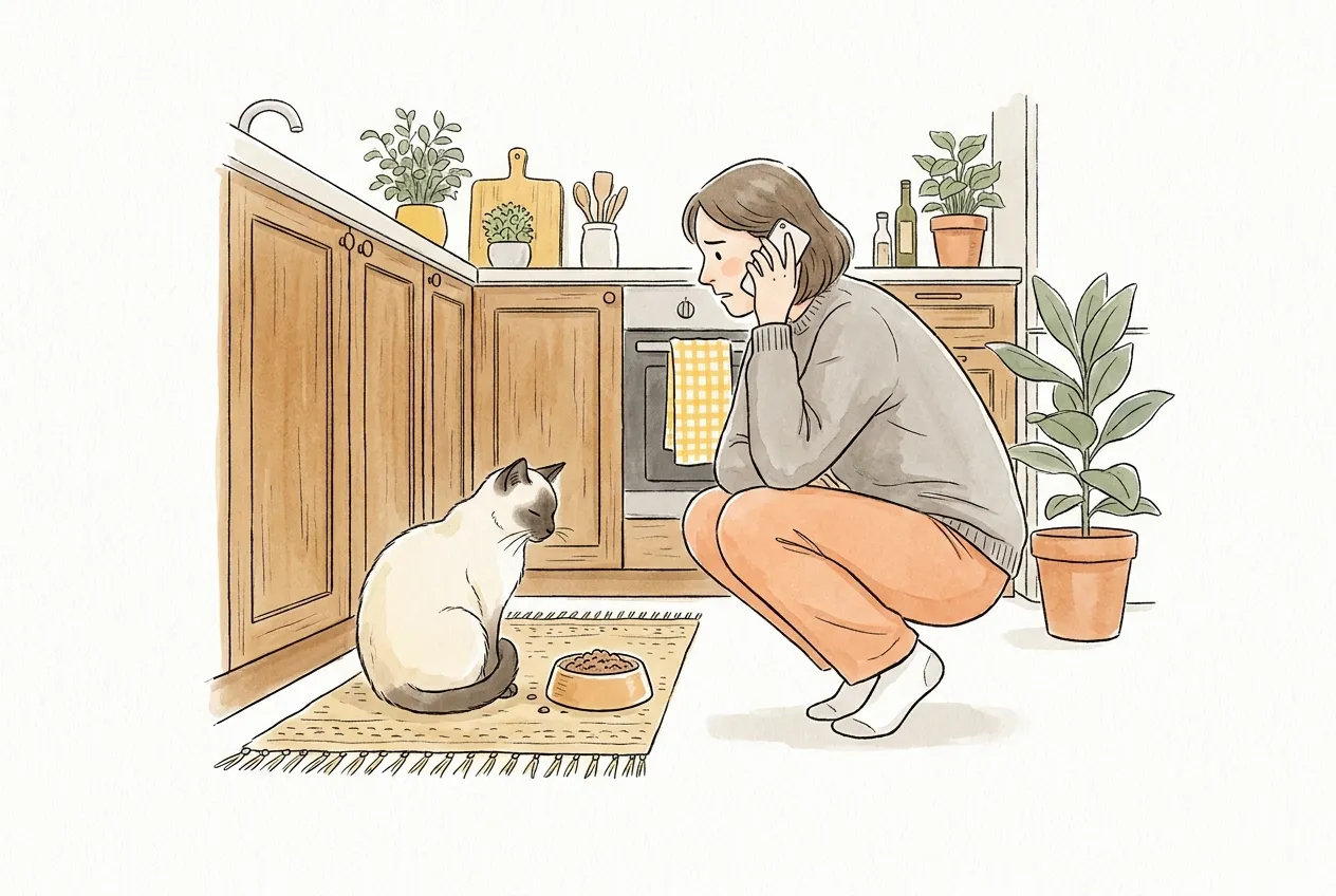 Ilustracja tuszem i akwarelą: kremowy kot o ciemnym pyszczku siedzi nad pełną miską w kuchni i nie je, a zatroskana opiekunka kuca obok i rozmawia przez telefon.
