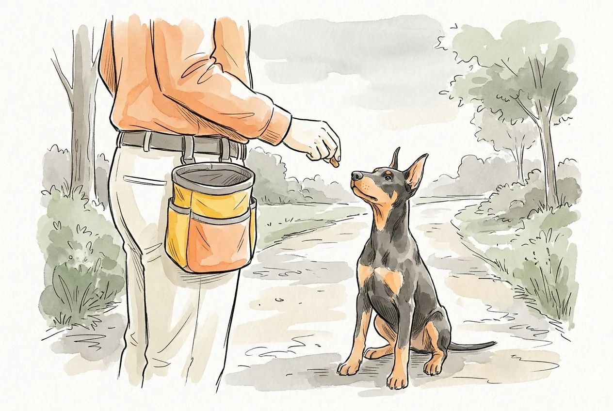 Ilustracja tuszem i akwarelą: żółto-pomarańczowa saszetka na smaczki przypięta do paska opiekuna, który na parkowej ścieżce podaje mały przysmak siedzącemu czarnemu podpalanemu psu w typie dobermana.