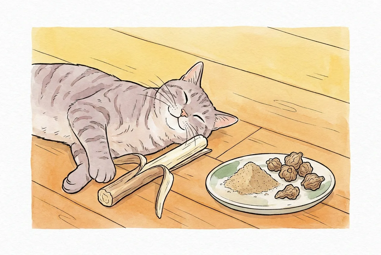 Ilustracja tuszem i akwarelą: szary pręgowany kot leży na drewnianej podłodze z przymkniętymi oczami i ociera się pyszczkiem o patyczek matatabi z odchodzącą korą; obok na talerzyku leży kopczyk jasnobrązowego proszku i kilka suszonych, pomarszczonych owoców.