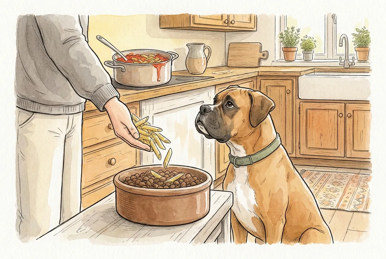 Ilustracja tuszem i akwarelą: dłoń wsypuje garść zwykłego ugotowanego makaronu penne do miski z karmą, a bokser siedzi obok i patrzy; garnek makaronu z sosem pomidorowym stoi z tyłu na kuchence.