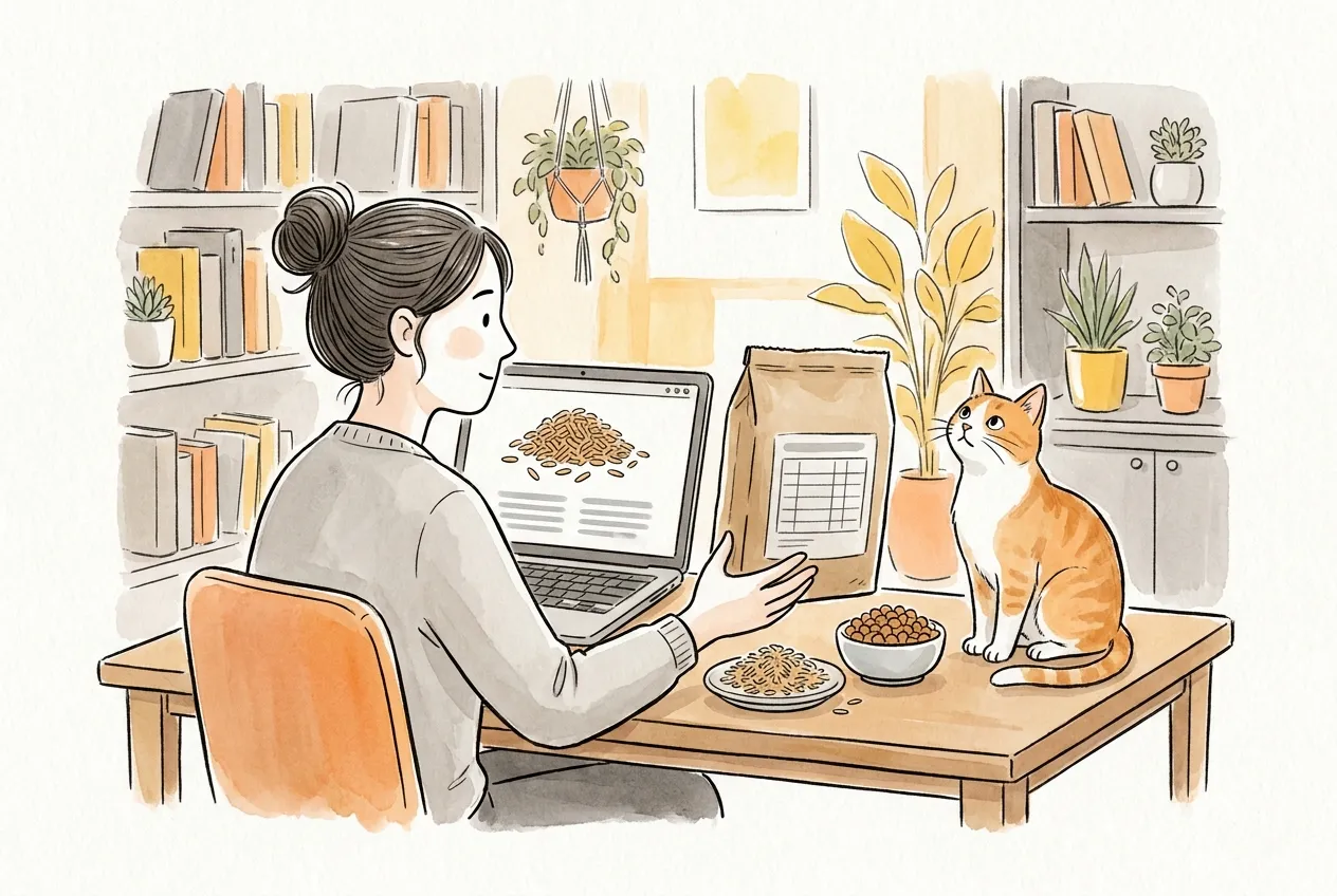 Ilustracja tuszem i akwarelą: kobieta przy biurku porównuje zdjęcie brązowego ryżu na ekranie laptopa z tabelą na tyle worka karmy, a na stole leżą talerzyk ryżu i miska suchej karmy. Rudo-biały kot siedzi obok worka i patrzy na nią.
