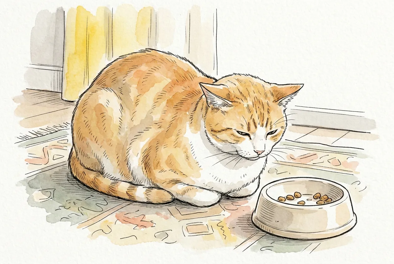 Ilustracja tuszem i akwarelą: rudo-biały kot siedzi skulony w zwartej pozycji bochenka na dywanie, ze zmrużonymi oczami i opuszczoną głową, obok miski z niedojedzoną karmą.