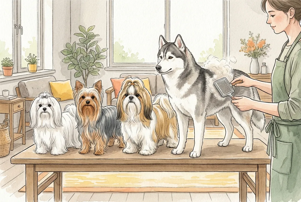 Ilustracja tuszem i akwarelą: na stole do pielęgnacji stoją obok siebie maltańczyk, yorkshire terier i shih tzu o długim gładkim włosie oraz husky syberyjski, z którego groomerka wyczesuje szczotką puszysty kłąb podszerstka.
