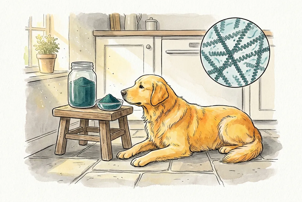 Ilustracja tuszem i akwarelą: golden retriever leży na podłodze kuchni i wącha szklaną miseczkę z ciemnozielonym proszkiem spiruliny na taborecie, obok słoika z tym samym proszkiem. W okrągłym powiększeniu widać spiralne, skręcone jak sprężynki nitki spiruliny.