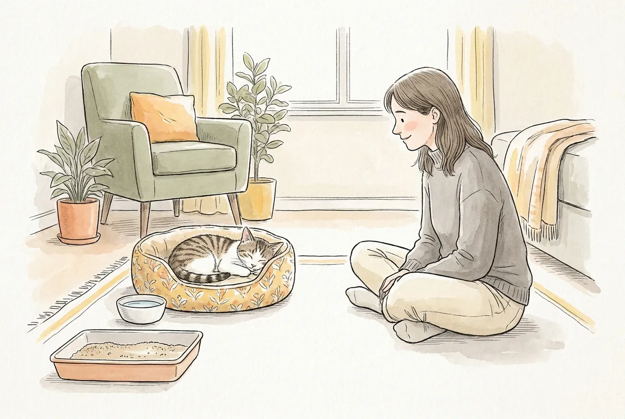 Ilustracja tuszem i akwarelą: biało-bura kotka śpi zwinięta w niskim legowisku na podłodze cichego pokoju, obok stoją miska z wodą i płaska kuweta, a opiekunka siedzi po turecku i ją obserwuje.