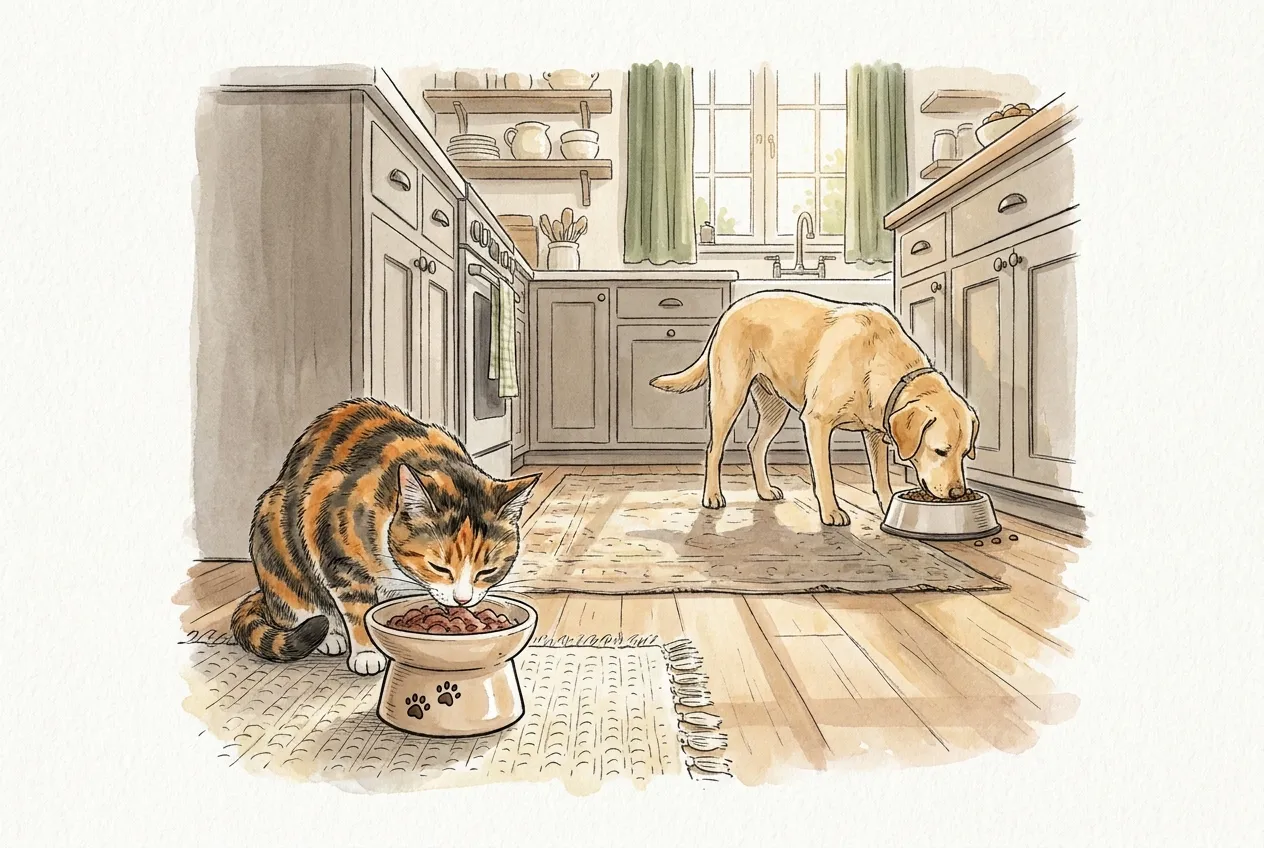 Ilustracja tuszem i akwarelą: w kuchni szylkretowo-pręgowana kotka je mięsną karmę z własnej podwyższonej miski na pierwszym planie, a złoty labrador po drugiej stronie pomieszczenia je ze swojej, osobnej miski dla psa.