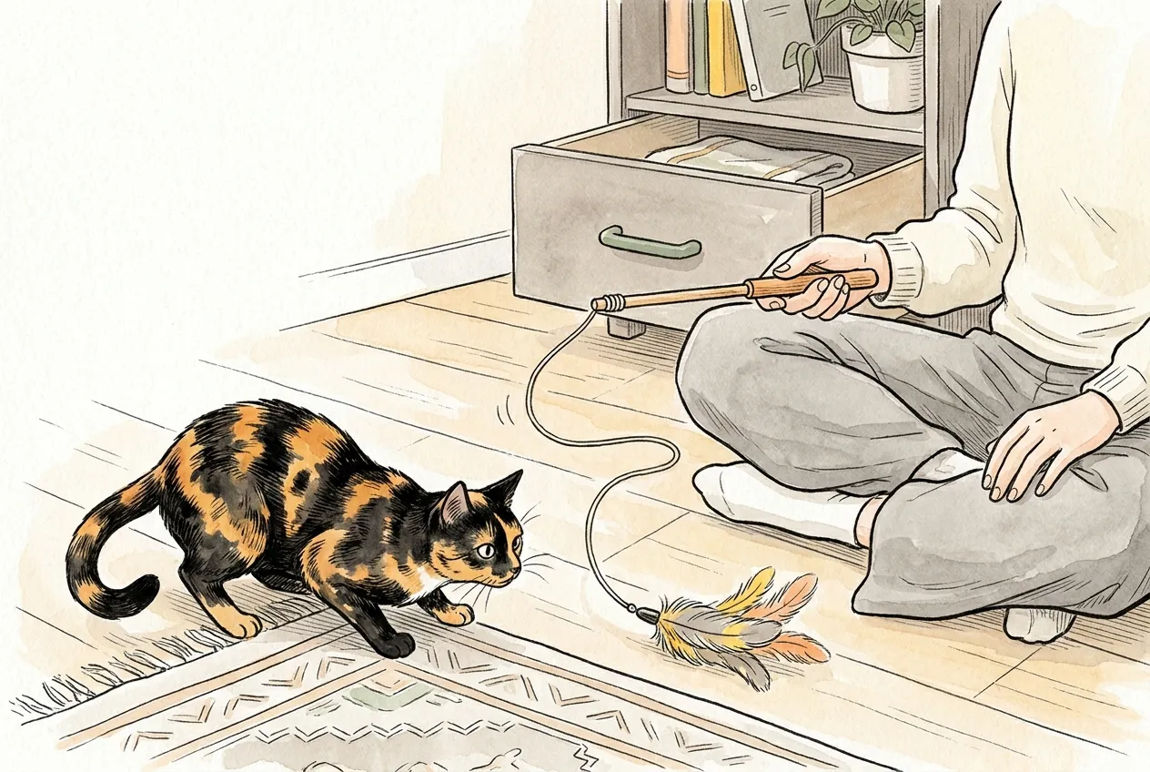 Ilustracja tuszem i akwarelą: szylkretowa kotka przyczaja się nisko na podłodze przed skokiem na piórka wędki, którą trzyma siedzący obok człowiek; za nim widać wysuniętą szufladę.